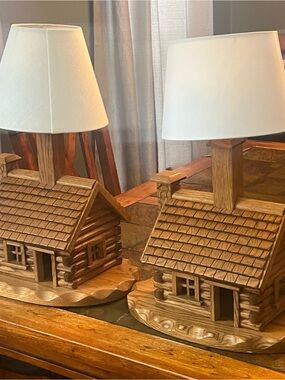 Rustic Cabin Wood Table Lamp Pair with White Shades